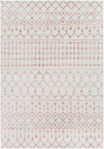 Close-up of Pando Area Rug. Cream rug with light pink, rose bohemian pattern. Polypropylene rug with soft texture. Design-Rectangle-5373