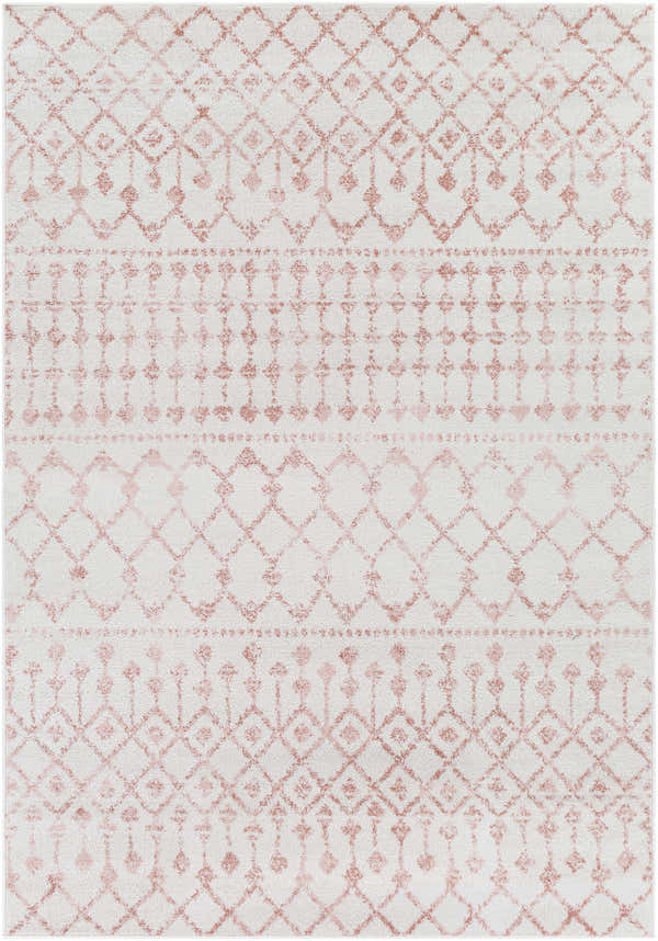 Close-up of Pando Area Rug. Cream rug with light pink, rose bohemian pattern. Polypropylene rug with soft texture. Design-Rectangle-5373