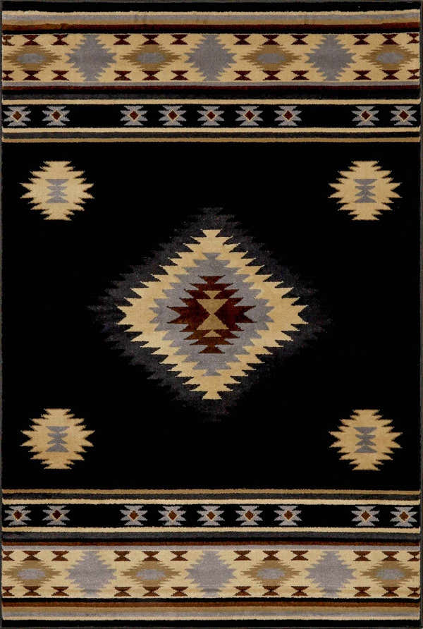 Close-up of the Buckhaven Black Southwestern Area Rug featuring geometric patterns in black, beige, gray, and brown. Design-Rectangle