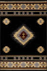Close-up of the Buckhaven Black Southwestern Area Rug featuring geometric patterns in black, beige, gray, and brown. Design-Rectangle