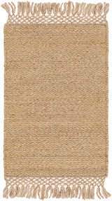 Close-up of the hand woven Partoun Area Rug. Tan and medium brown jute rug with fringe detail. Design-Rectangle-23