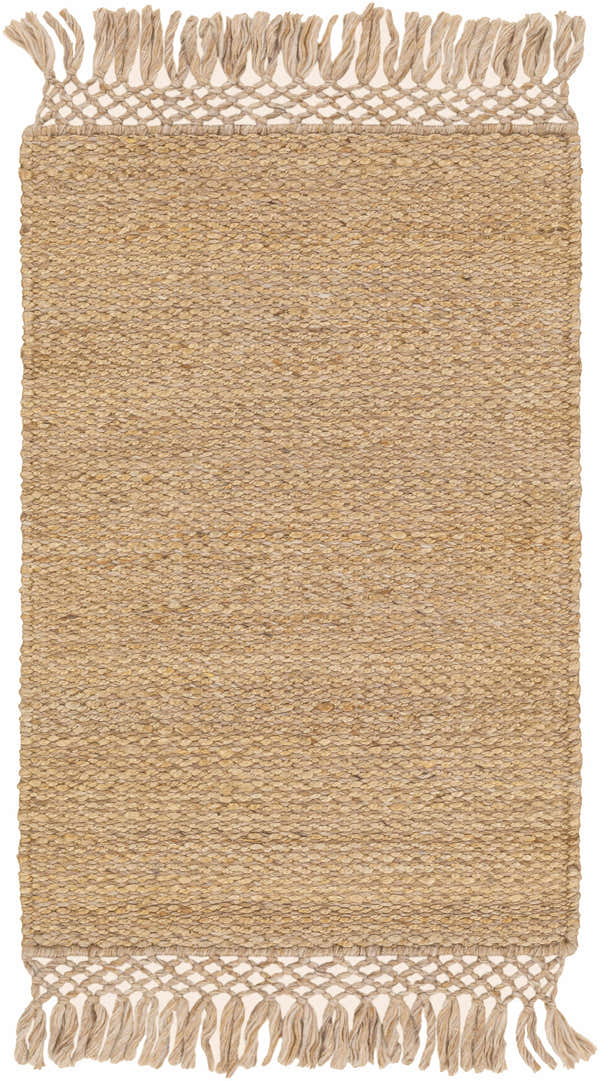 Close-up of the hand woven Partoun Area Rug. Tan and medium brown jute rug with fringe detail. Design-Rectangle-23