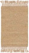 Close-up of the hand woven Partoun Area Rug. Tan and medium brown jute rug with fringe detail. Design-Rectangle-23