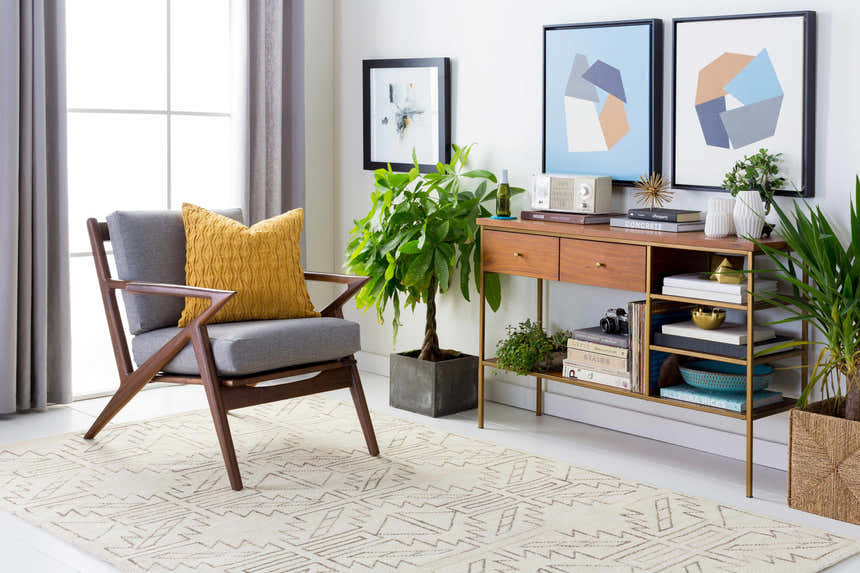Living room scene with a charcoal and peach Pawhuska Area Rug, gray chair, wood console table, and plants. Roomscene-Rectangle