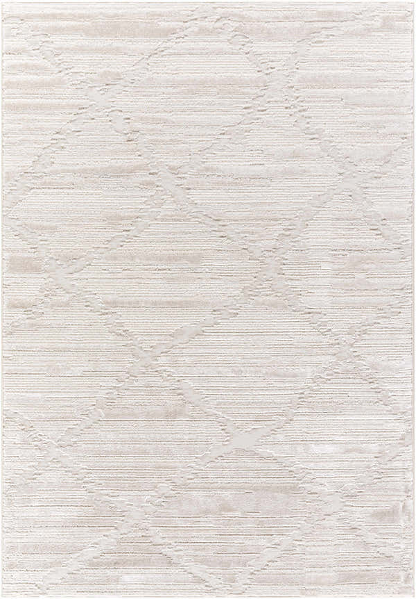 Close-up of the Akilah Area Rug. Cream, ivory, light gray, and white tones with a subtle geometric pattern. Design-Rectangle-537