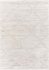Close-up of the Akilah Area Rug. Cream, ivory, light gray, and white tones with a subtle geometric pattern. Design-Rectangle-537