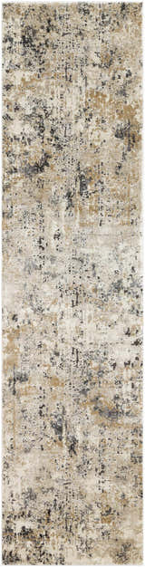 Close-up of the Pewamo Area Rug. Contemporary design in black, charcoal, beige, and tan. Machine woven texture. Design-Runner-2710