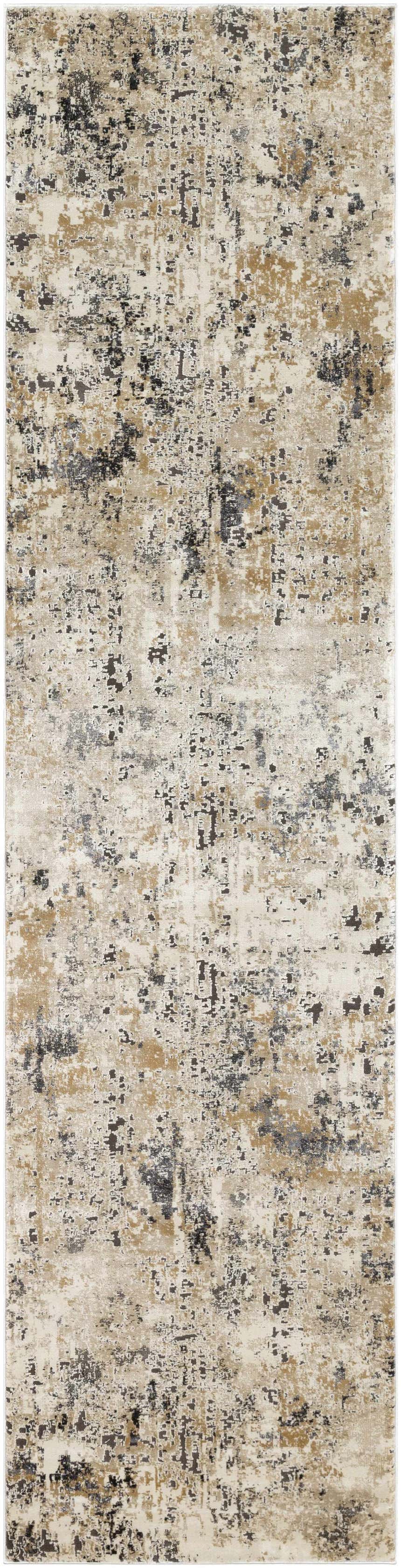 Close-up of the Pewamo Area Rug. Contemporary design in black, charcoal, beige, and tan. Machine woven texture. Design-Runner-2710