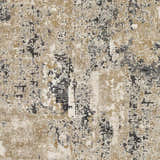 Close-up of the Pewamo Area Rug, featuring a contemporary abstract design in black, charcoal, beige, and tan. Swatch