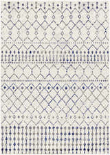 Close-up of the Priel Area Rug, a machine-woven rectangle with a bohemian diamond pattern in blue and gray on a white background. Design-Rectangle-57