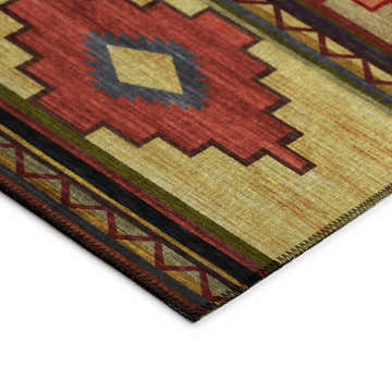 Close-up of Dalyn Phoenix PH1 Canyon Washable Area Rug with Southwestern geometric pattern in beige, brown, paprika, and green.