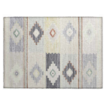 Close-up of Dalyn Phoenix PH1 Ivory Washable Area Rug. Southwestern style with beige, gray, and spice diamond pattern.