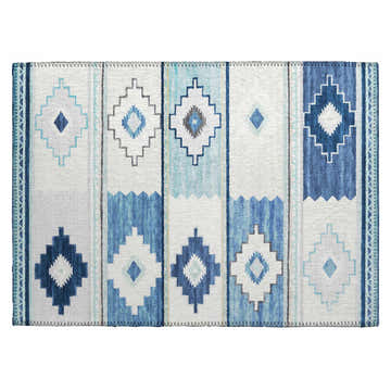 Close-up of Dalyn Phoenix PH1 Pacifica rug. Southwestern style with beige, denim, and teal geometric patterns. Washable, non-skid rug.