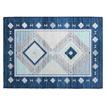 Dalyn Phoenix PH2 Denim Washable Area Rug. Southwestern style rug with blue, gray, and white diamond pattern.