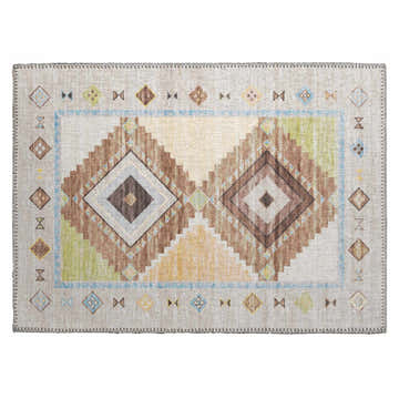 Close-up of Dalyn Phoenix PH2 Taupe Washable Area Rug. Southwestern style with brown, beige, and aloe diamond pattern.
