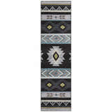 Dalyn Phoenix PH3 Black Washable Area Rug runner with a Southwestern geometric design in black, blue, gold, and gray.