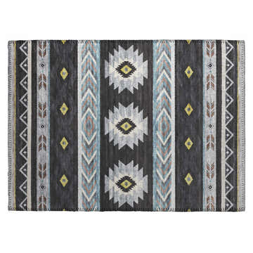 Dalyn Phoenix PH3 Black Washable Area Rug with Southwestern-style geometric pattern in black, blue, gold, and gray.
