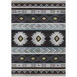 Close-up of Dalyn Phoenix PH3 Black Washable Area Rug. Southwestern style rug with black, blue, gold, and gray geometric pattern.