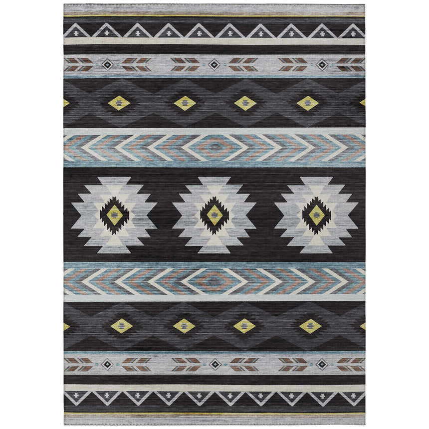 Close-up of Dalyn Phoenix PH3 Black Washable Area Rug. Southwestern style rug with black, blue, gold, and gray geometric pattern.