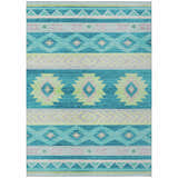 Dalyn Phoenix PH3 Teal Washable Area Rug with Southwestern geometric design in teal, beige, and lime green.