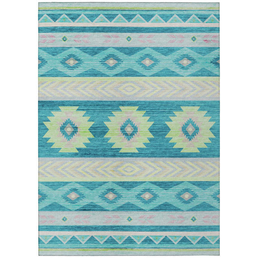 Dalyn Phoenix PH3 Teal Washable Area Rug with Southwestern geometric design in teal, beige, and lime green.