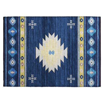 Close-up of Dalyn Phoenix PH4 Navy Washable Area Rug. Features a Southwestern design in blue, ivory, yellow, and silver gray.