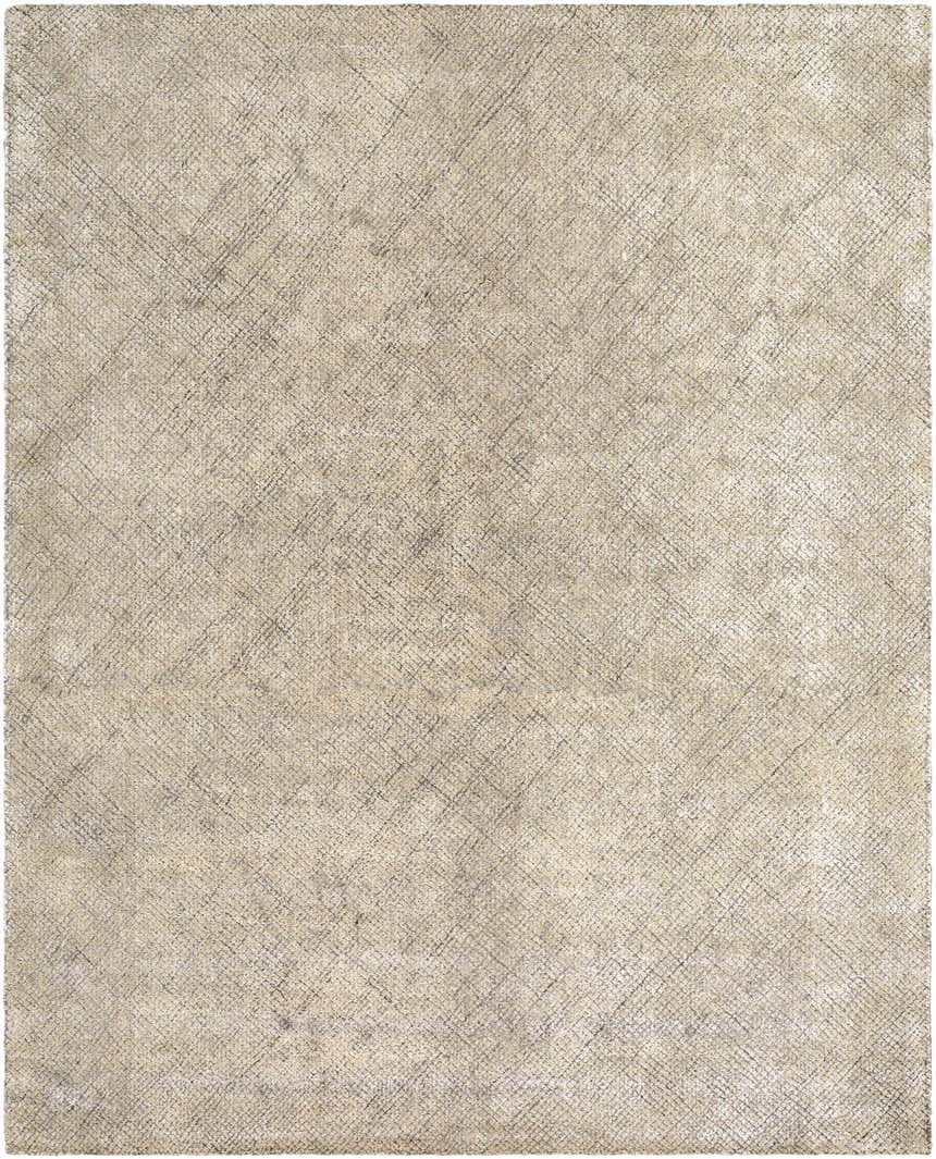 Close-up of the Phalaborwa Area Rug, a contemporary hand-loomed rug in gray, light beige, and tan. Wool and viscose texture. Design-Rectangle-810