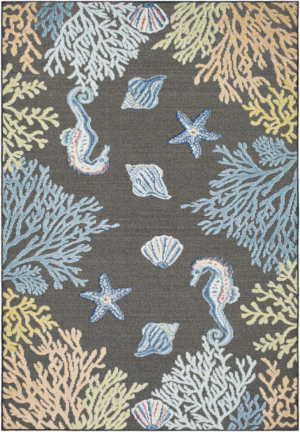 Close-up of the Pasca Charcoal Area Rug featuring a coastal design with seahorses, starfish, and coral in blue, cream, and tan. Design-Rectangle-537