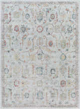 Close-up of Piera Washable Area Rug in ash, light gray, silver. Farmhouse style with traditional floral pattern. Design-Rectangle-710106
