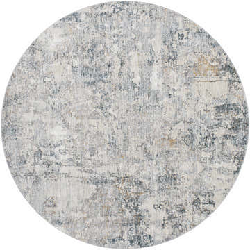 Round Pinjarra Luxe Rug with a contemporary abstract pattern in charcoal, cream, gray, and pale blue hues. Design-Round-67