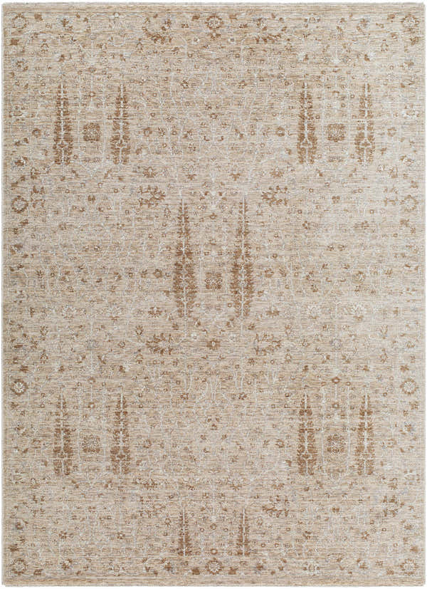 Close-up of the Amalie Area Rug, a farmhouse style rug in cream, tan, and dark red with a traditional, symmetrical pattern. Design-Rectangle-5710