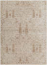 Close-up of the Amalie Area Rug, a farmhouse style rug in cream, tan, and dark red with a traditional, symmetrical pattern. Design-Rectangle-5710