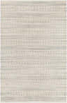 Close-up of Pleak Handmade Jute Area Rug. Beige rug with charcoal and light gray woven herringbone and striped pattern. Design-Rectangle