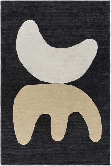 Close-up of the Antoon Area Rug. Hand-tufted wool rug with abstract shapes in black, cream, and tan. Contemporary style. Design-Rectangle-576