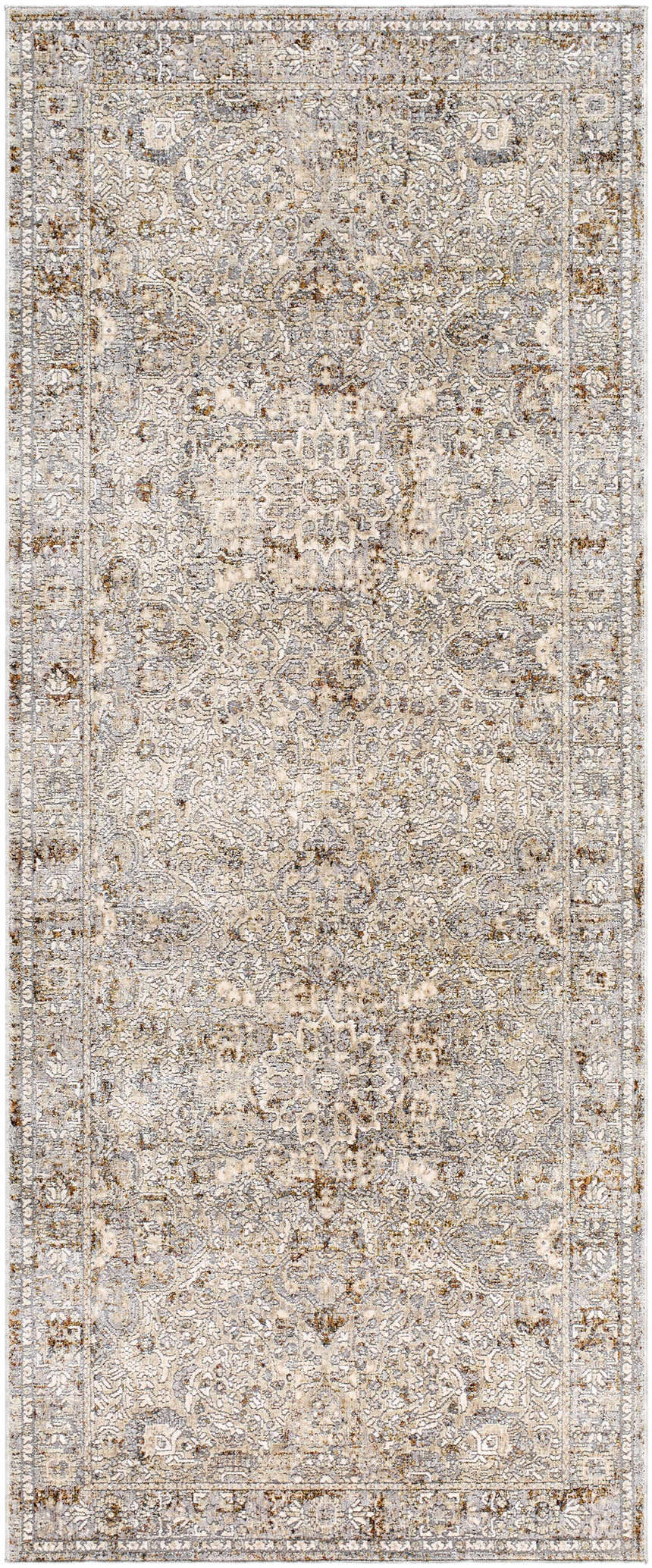Detailed beige, blue, and brown floral pattern on the Pambujan Area Rug. Traditional style. Design-Runner-338