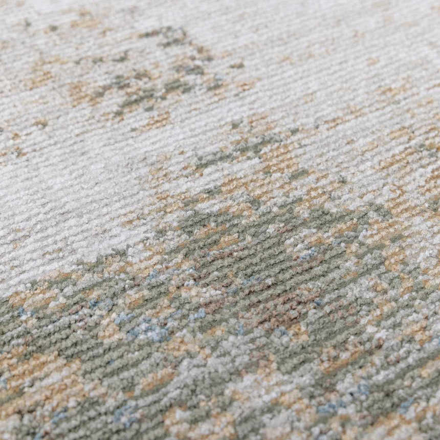 Close-up of Galey Alix x Livabliss Myrtle Avenue III Area Rug. Abstract marble design in cream, olive, camel, and brown tones. Texture