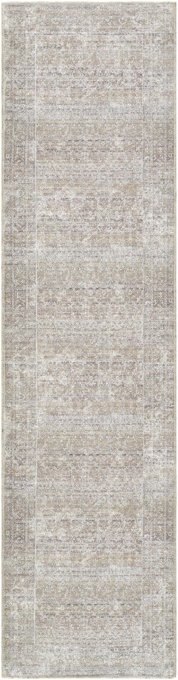 Close-up of the Rainier Damask Dark Brown Washable Rug. Farmhouse style rug with a traditional damask pattern. Design-Runner-2710
