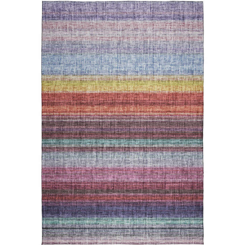 Close-up of Dalyn Luxury Portico PO2 Lavender Washable Area Rug with horizontal stripes in purple, blue, gold, and red.
