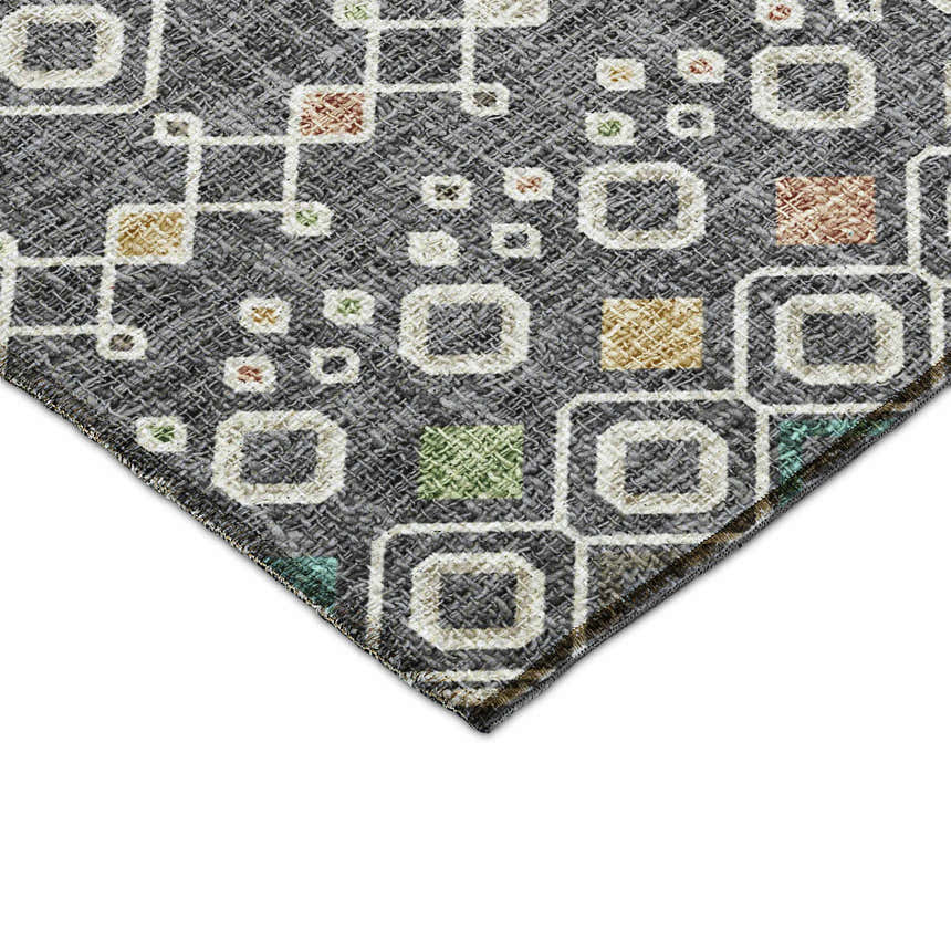 Close-up of Dalyn Luxury Portico PO4 Gray rug. Farmhouse style with geometric squares in gray, brown, gold, and green.