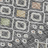 Close-up of the Dalyn Luxury Portico PO4 Gray Washable Area Rug, featuring a geometric pattern with gray, gold, green, and brown tones.