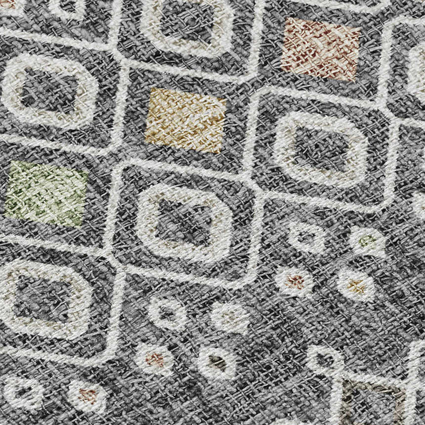 Close-up of the Dalyn Luxury Portico PO4 Gray Washable Area Rug, featuring a geometric pattern with gray, gold, green, and brown tones.