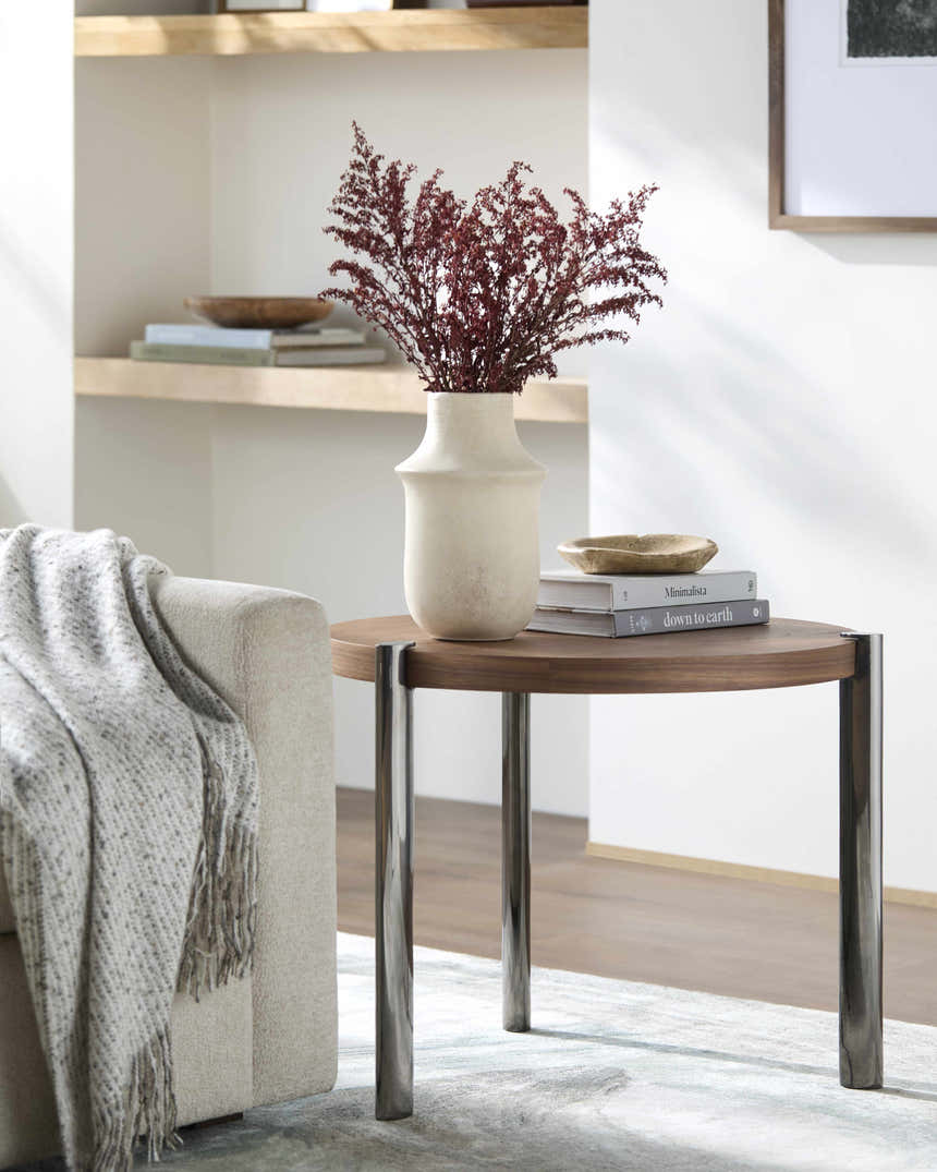 Palasbari Round Walnut Metal Coffee Table