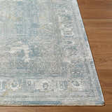 Close up of the Pryce Blue Gray Thick Luxe Boutique Rug showing texture and traditional pattern. Front