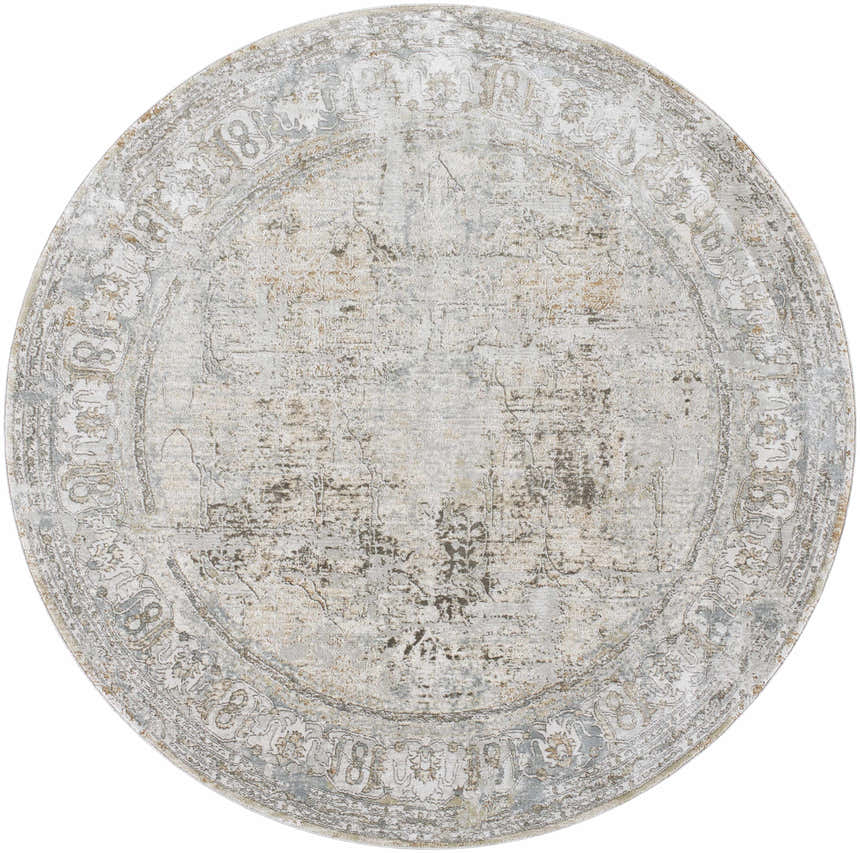 Round Pryce Sage rug with traditional floral pattern in charcoal, cream, light brown, light gray, and medium brown. Design-Round-67