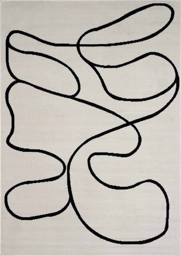 Close-up of the Eilir Modern Low Profile Boho Rug. Bone rug with a bold, abstract black line design. Design-Rectangle