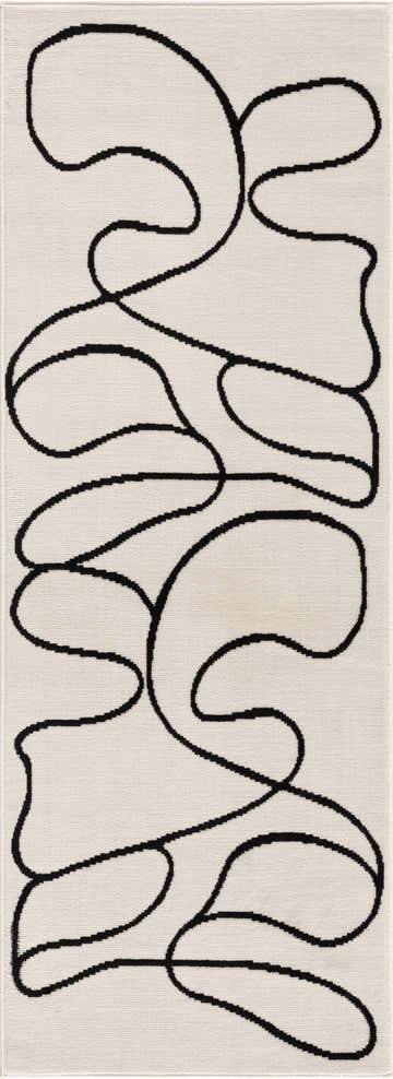 Close-up of the Eilir Modern Low Profile Boho Rug. Bone rug with an abstract black line design. Design-Runner-2773