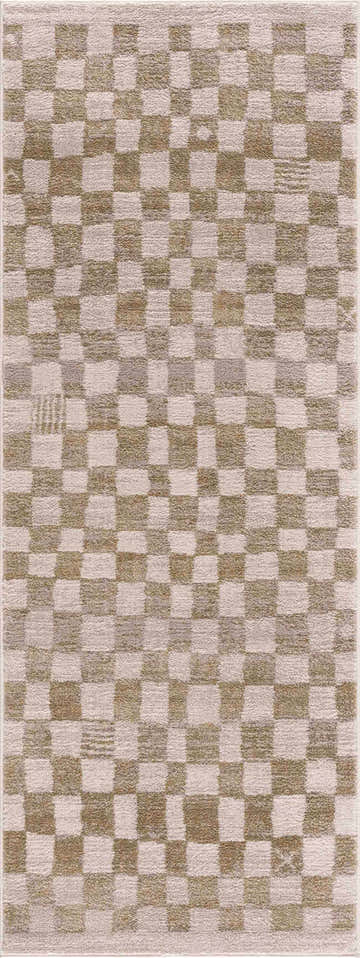 Close-up of the Benjy Irregular Checkboard Rug. Cream and gold checkered pattern, machine woven texture. Design-Runner-2773