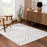 Living room scene with a Benjy Cream & Light Blue Checkered Area Rug, wooden furniture, and a cactus. Roomscene-Rectangle