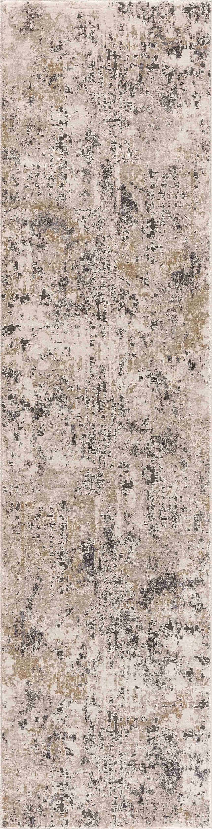 Close-up of the Pewamo Area Rug, featuring a contemporary abstract design in black, beige, tan, and charcoal tones. Design-Runner-2773