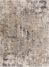 Close-up of the Pewamo Area Rug. Abstract design in black, charcoal, dark brown, light beige, and tan. Design-Rectangle-537